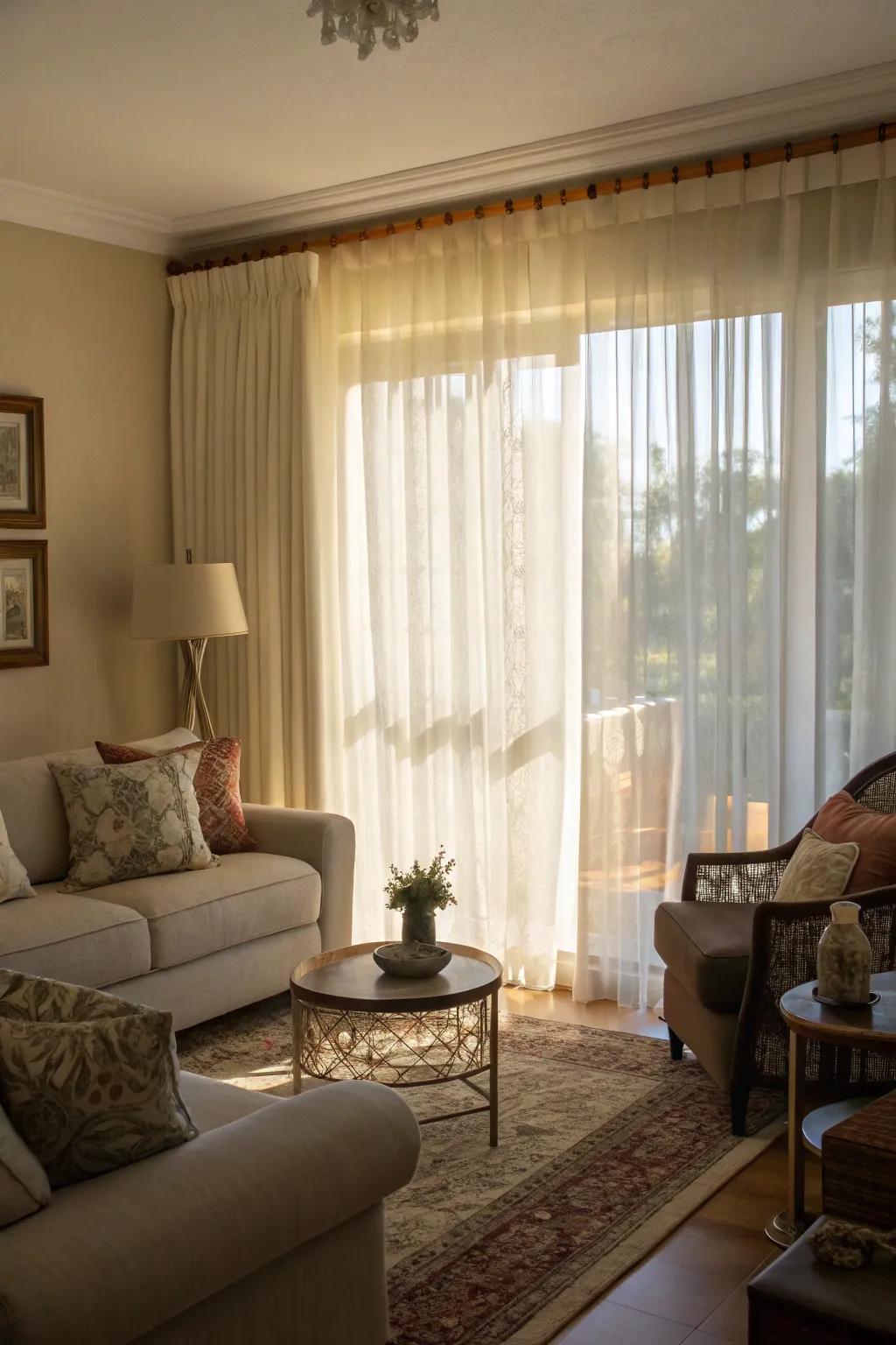 Layered window treatments offer both elegance and adaptability.