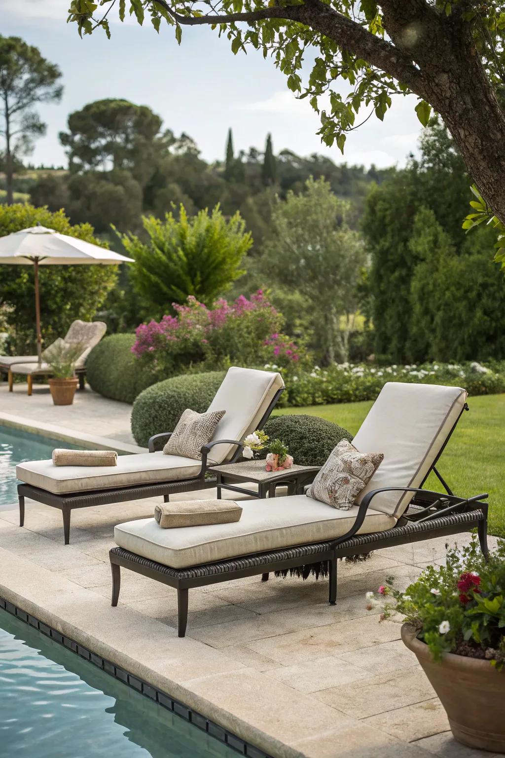 Achieve a resort-style ambiance with comfortable loungers perfect for catching some rays.