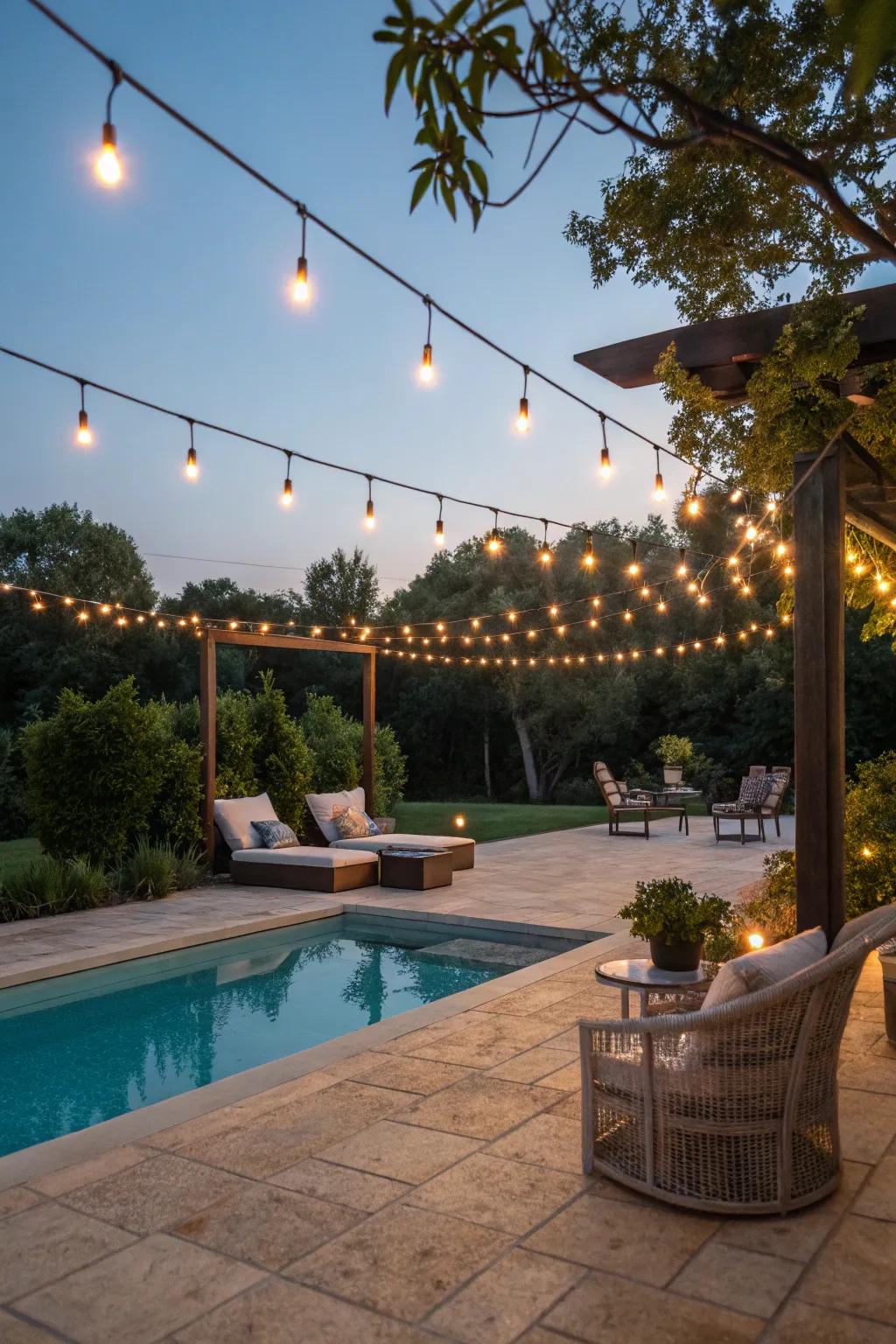 Create a magical poolside retreat with enchanting decorative lighting.