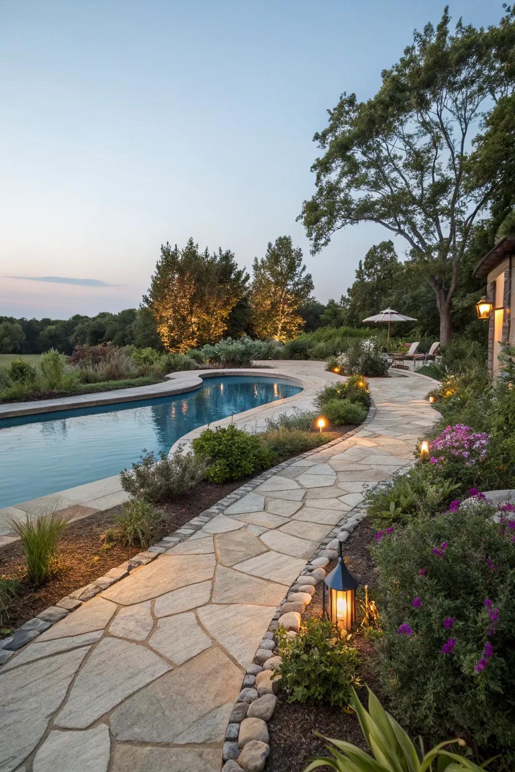 Enhance the area with organic stone for rustic sophistication.