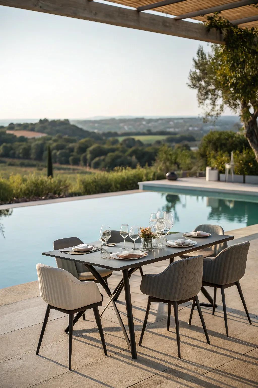 Savor meals by the pool with a trendy and sturdy dining arrangement.