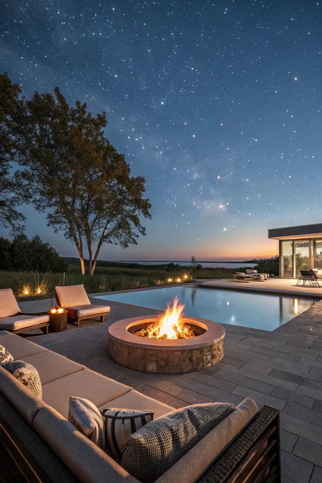 Elevate your poolside evenings with the addition of a cozy flame pit.