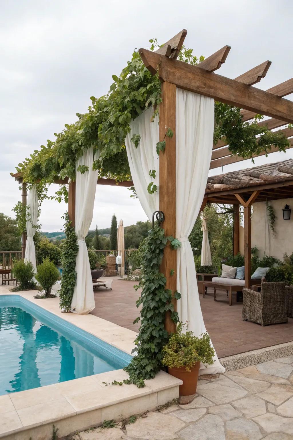 Bring shade and flair to your poolside using a beautifully adorned overhead structure.