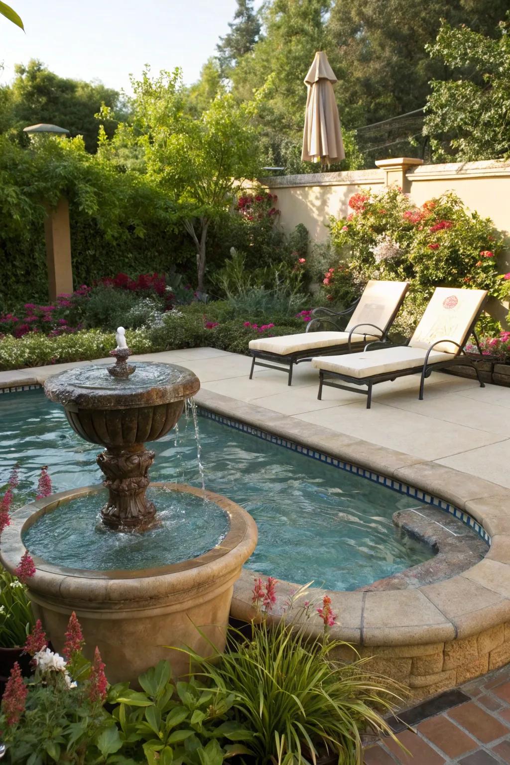 Incorporate a relaxing water feature for a peaceful touch.