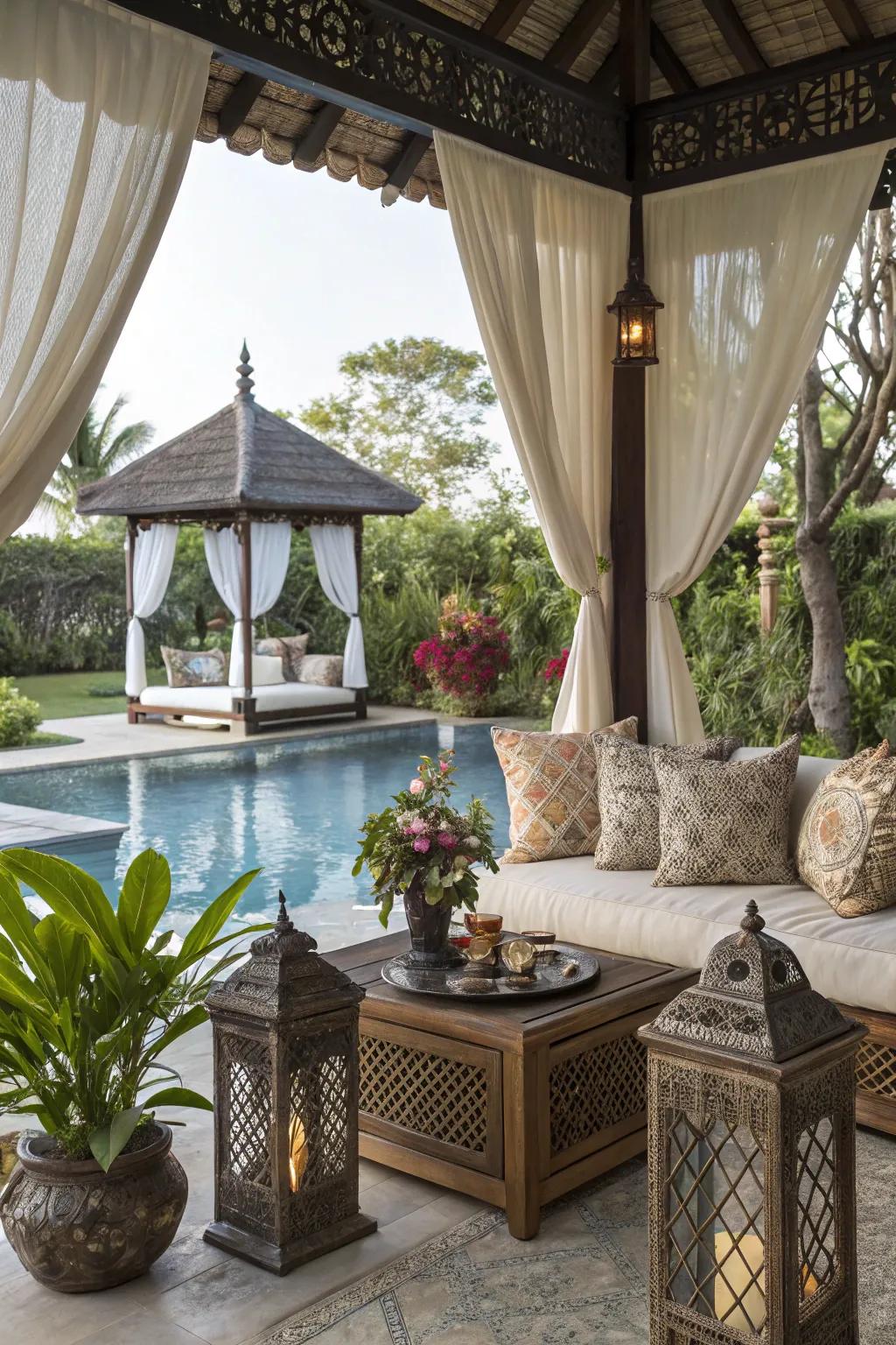 A chic pavilion offers shelter and a serene area to unwind.