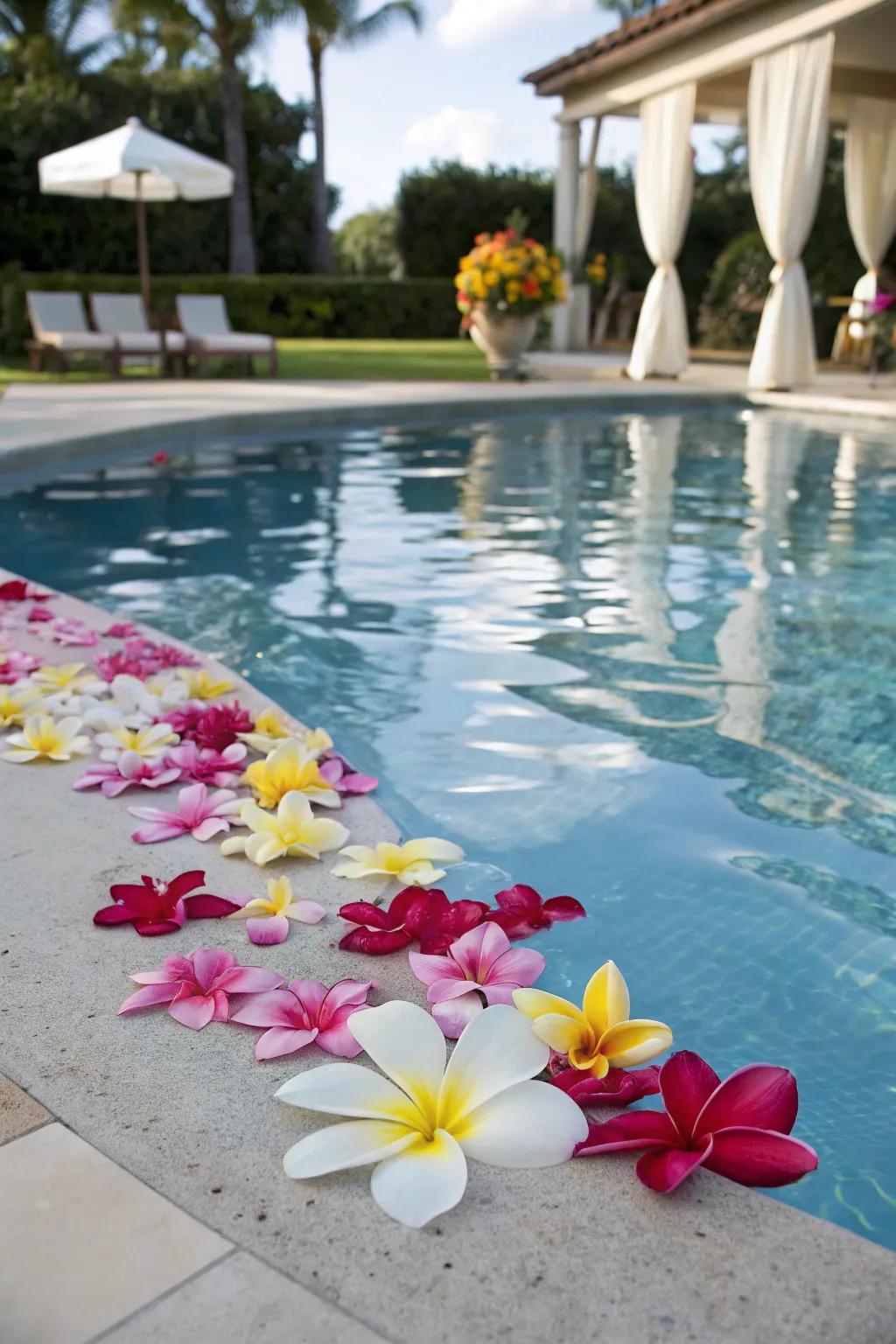 Drifting flowers introduce a playful and elegant aspect to the pool.