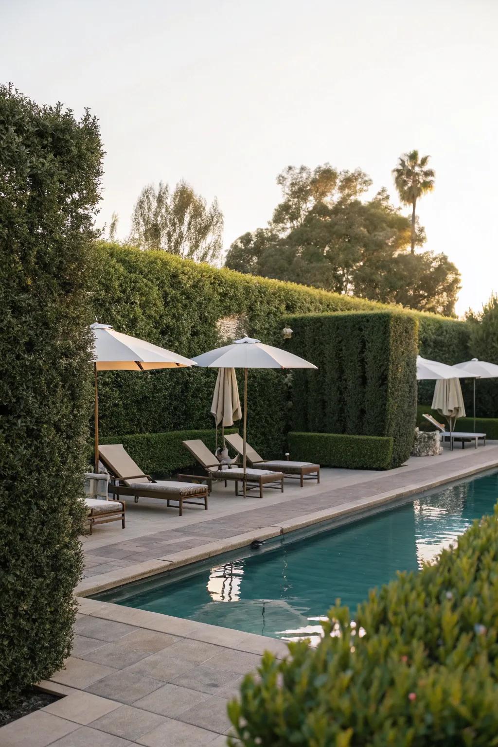 Privacy screens create an intimate and secluded poolside experience.