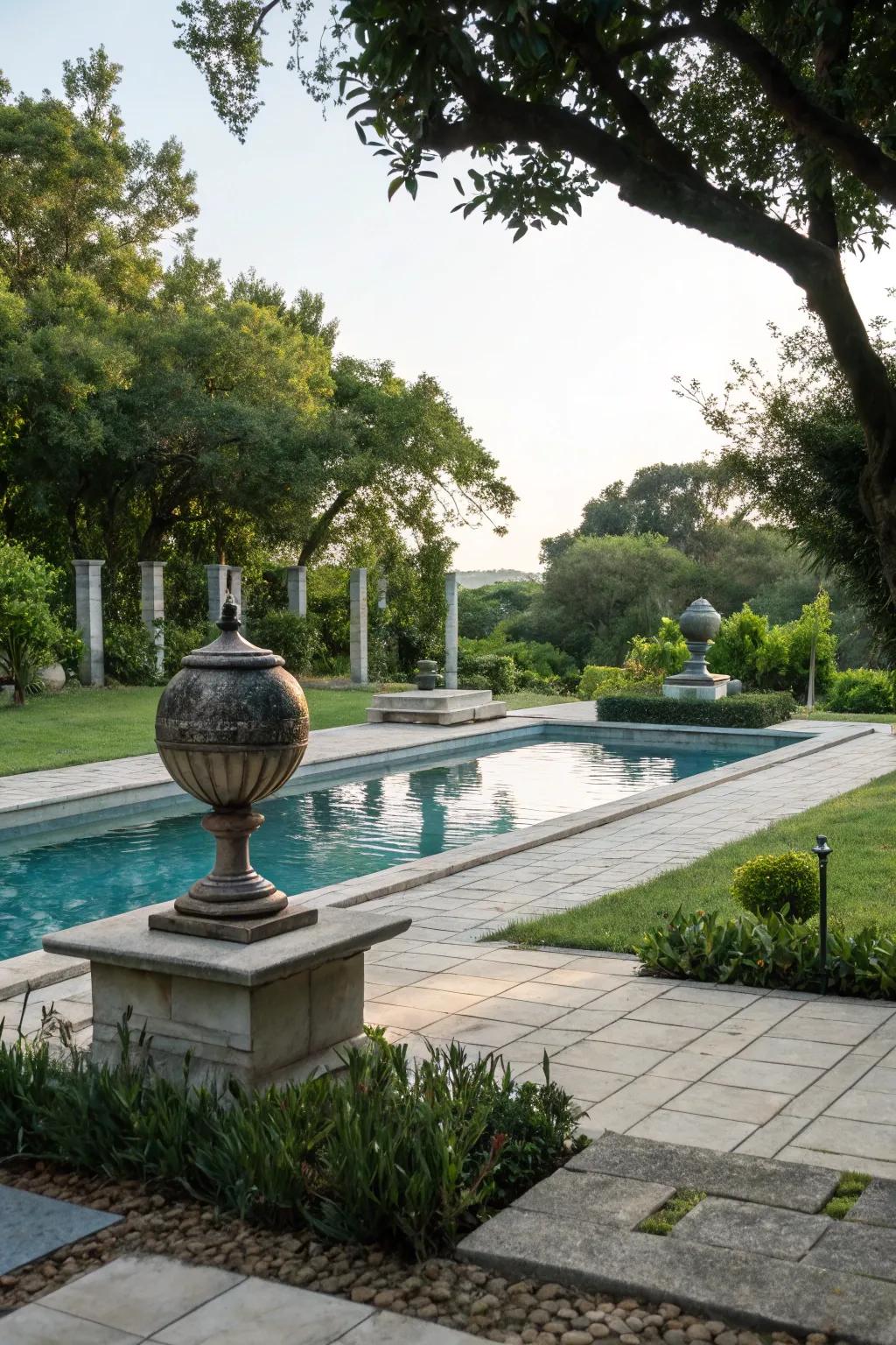 Sculptural elements bring an artistic flair to the poolside.