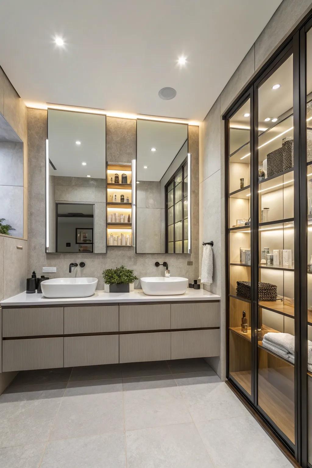 Smart storage sustains a tidy and luxurious bathroom.