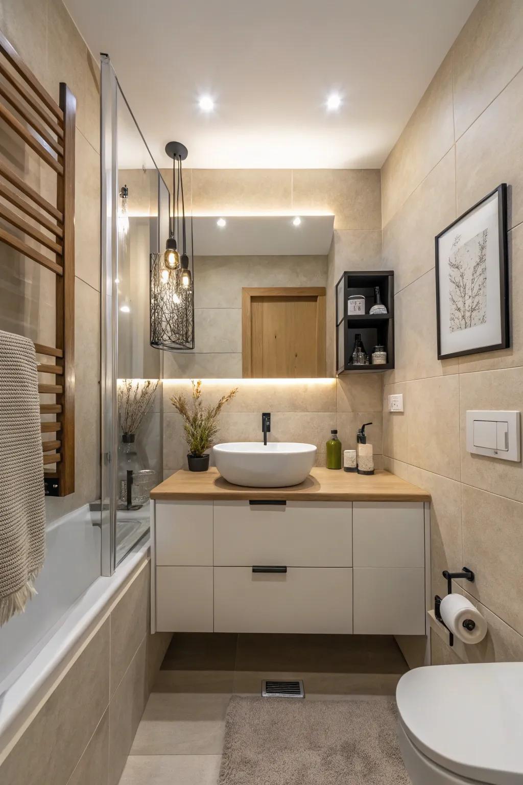 Soft shades evoke a serene and spacious atmosphere.