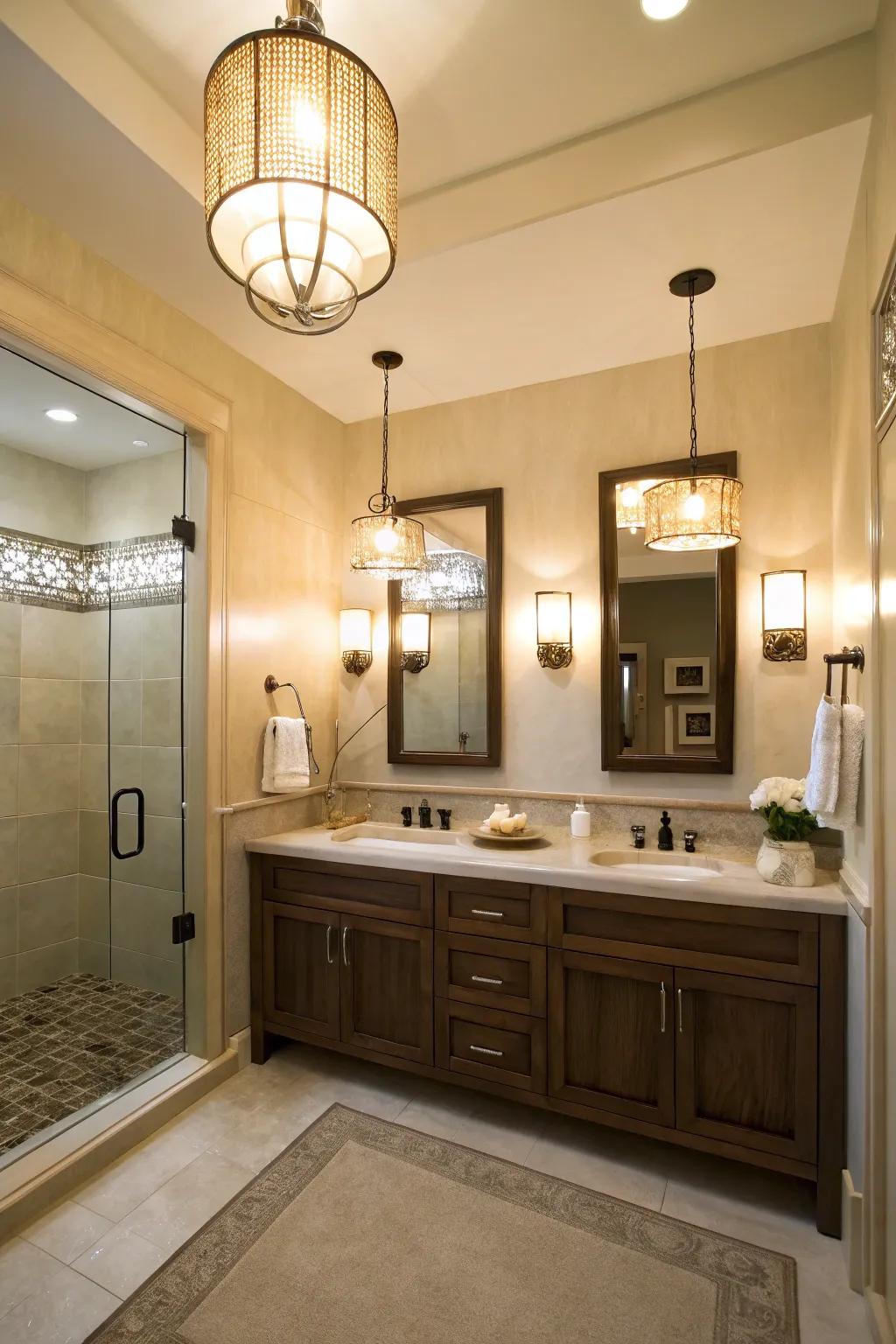 Layered lighting enhances the atmosphere and incorporates elegance.