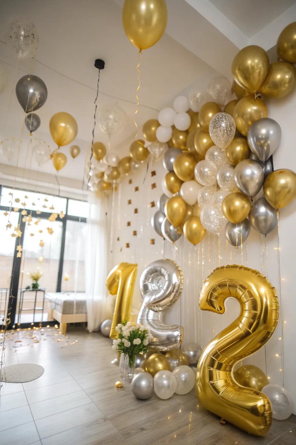 Gold and silver balloons create the perfect ambiance for a glamorous New Year's celebration.