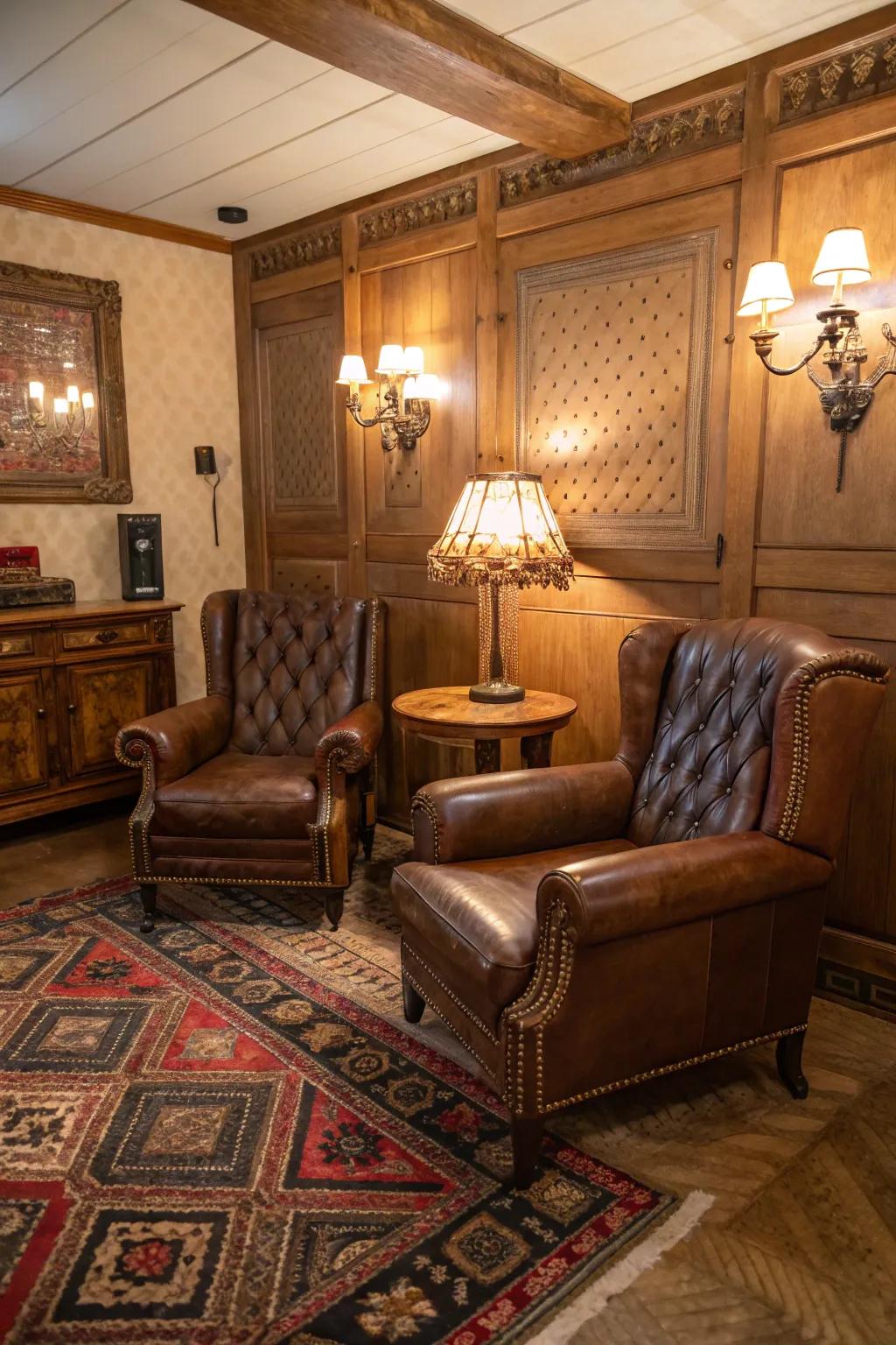 Luxurious suede sofas enhance the classic ambiance of a compact cigar lounge.