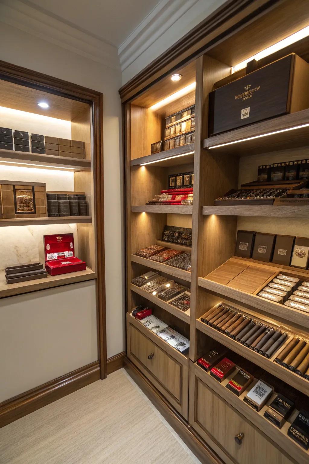 With effective storage options, this compact cigar lounge is kept coordinated and elegant.