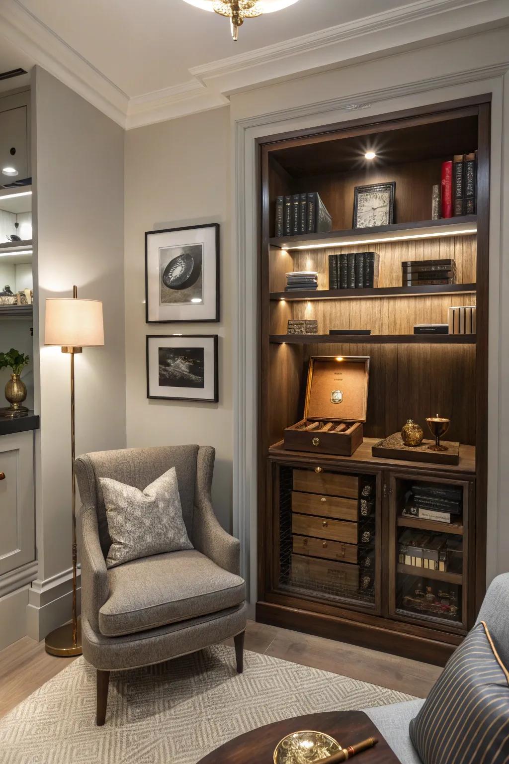 This compact room is made more fashionable by a stylish cigar box that keeps cigars in good condition.