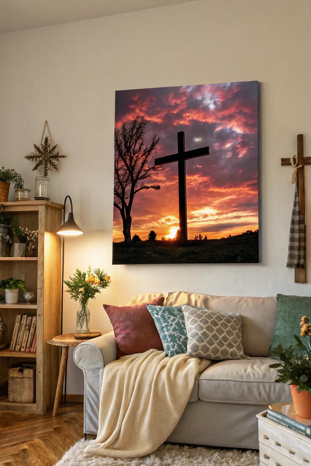 A cross showcased against a sunset-painted sky imparts warmth and devotion to any setting.