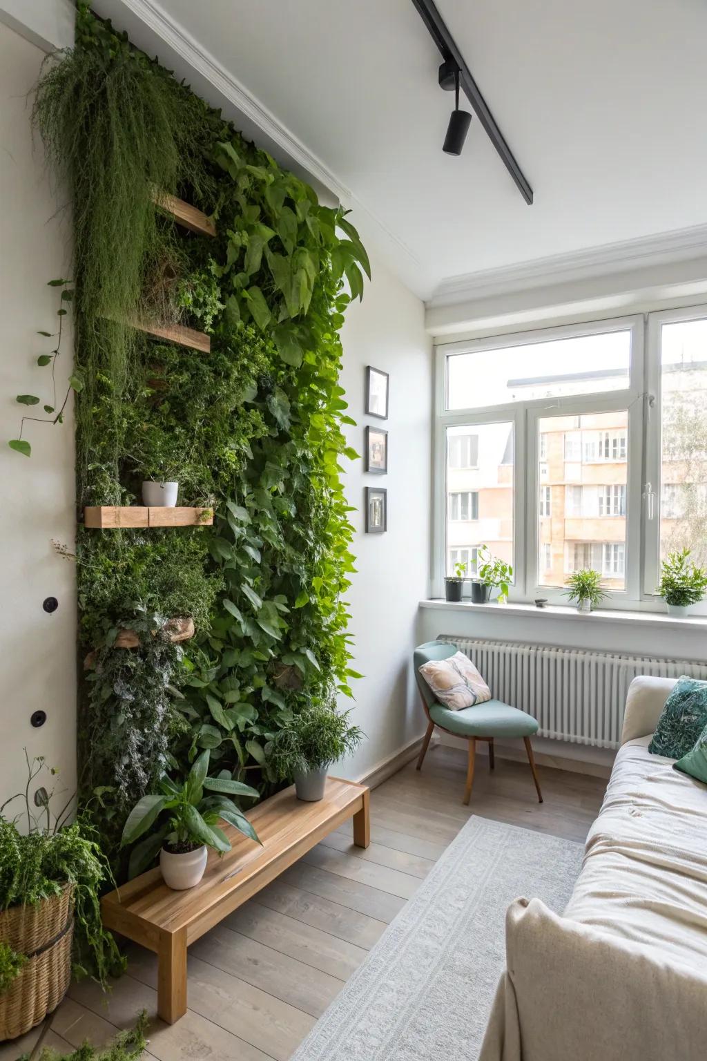A garden on the wall adds plants without taking up floor space.