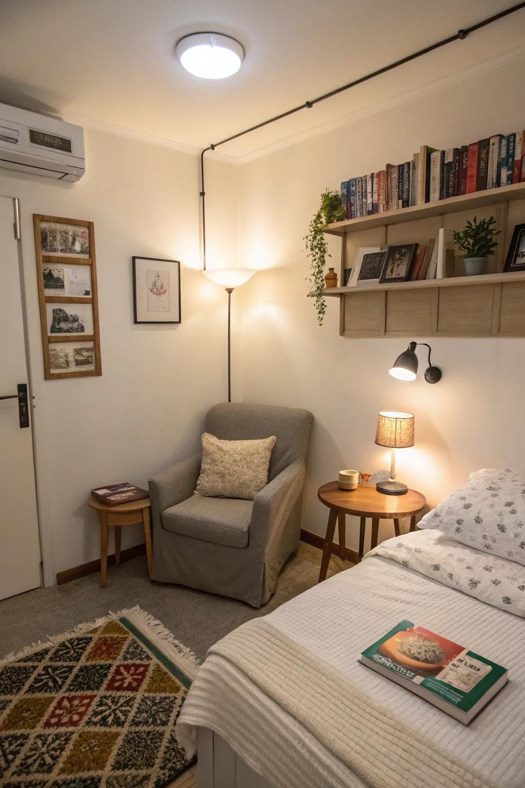 Lights on the wall save space and make the room more useful.