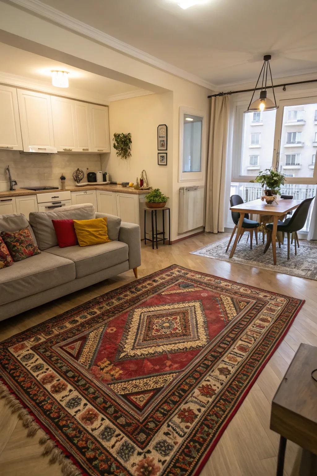 A nice floor covering helps mark off living and food areas in an open-plan apartment.