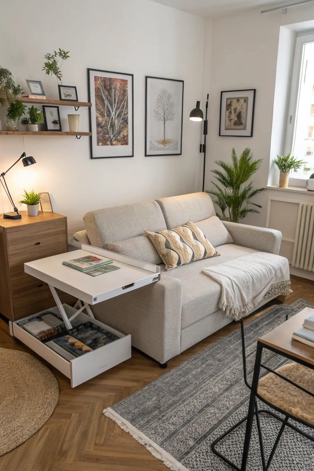 A couch bed and a table that expands make the most of a small apartment's usability.