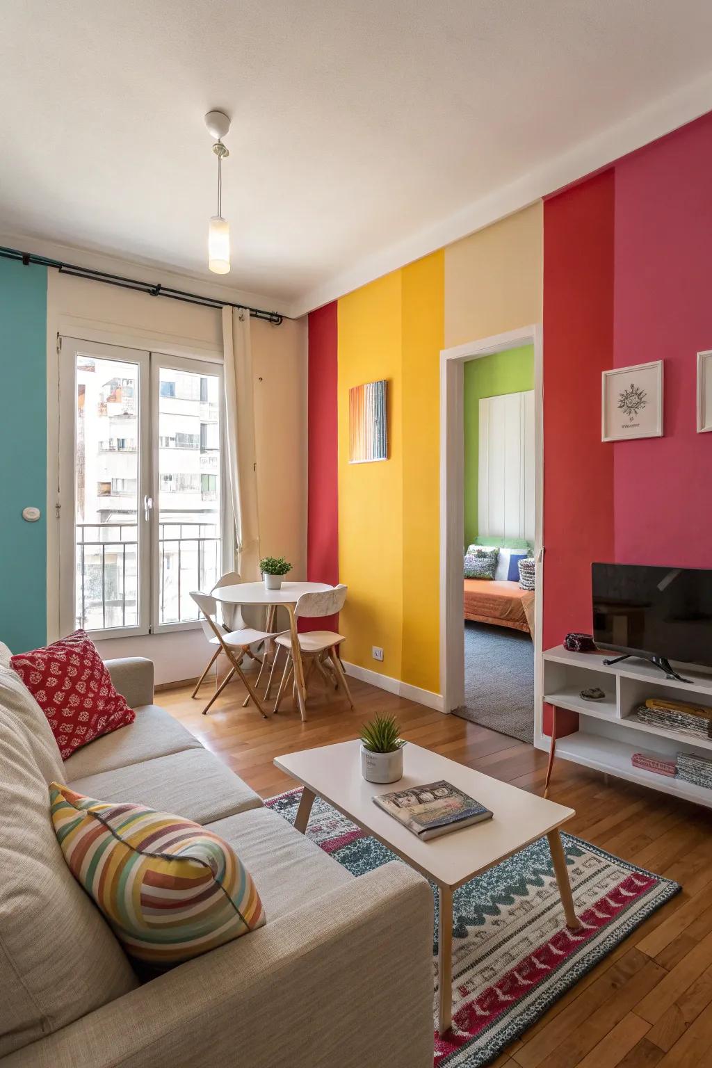 Colors show where spaces start and end in a small apartment.