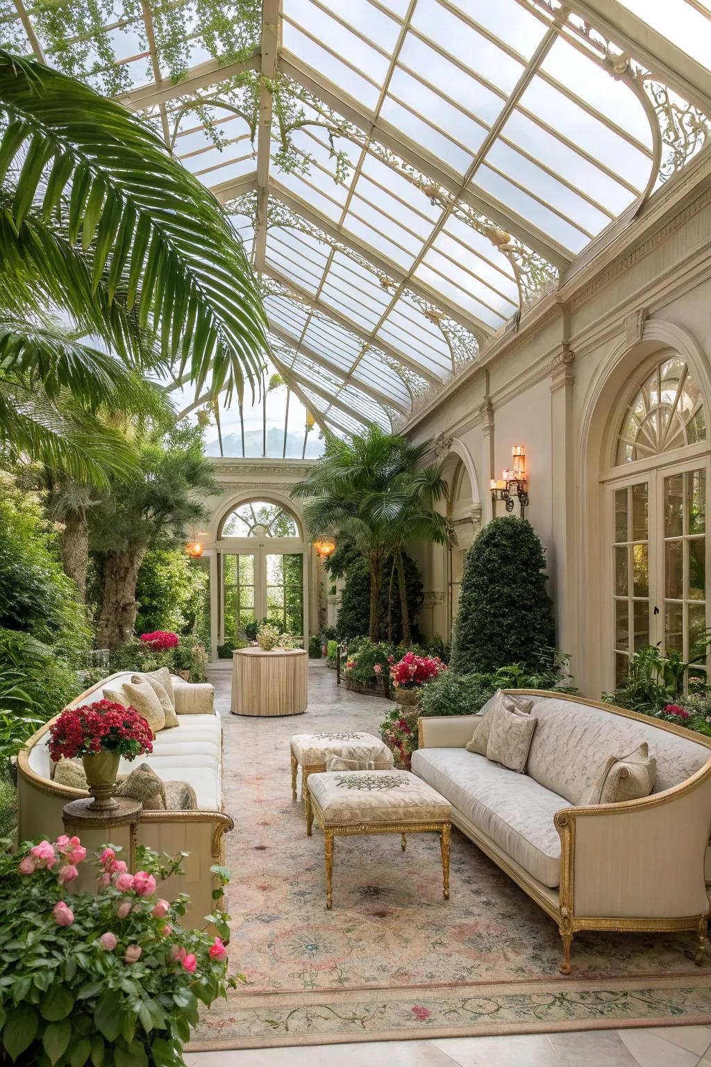 Greenhouse glass canopies create radiant, welcoming spaces.