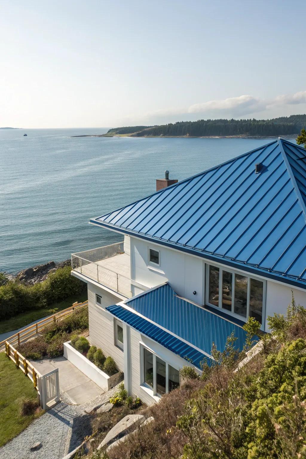 An azure roof adds a burst of color and contemporary elegance.