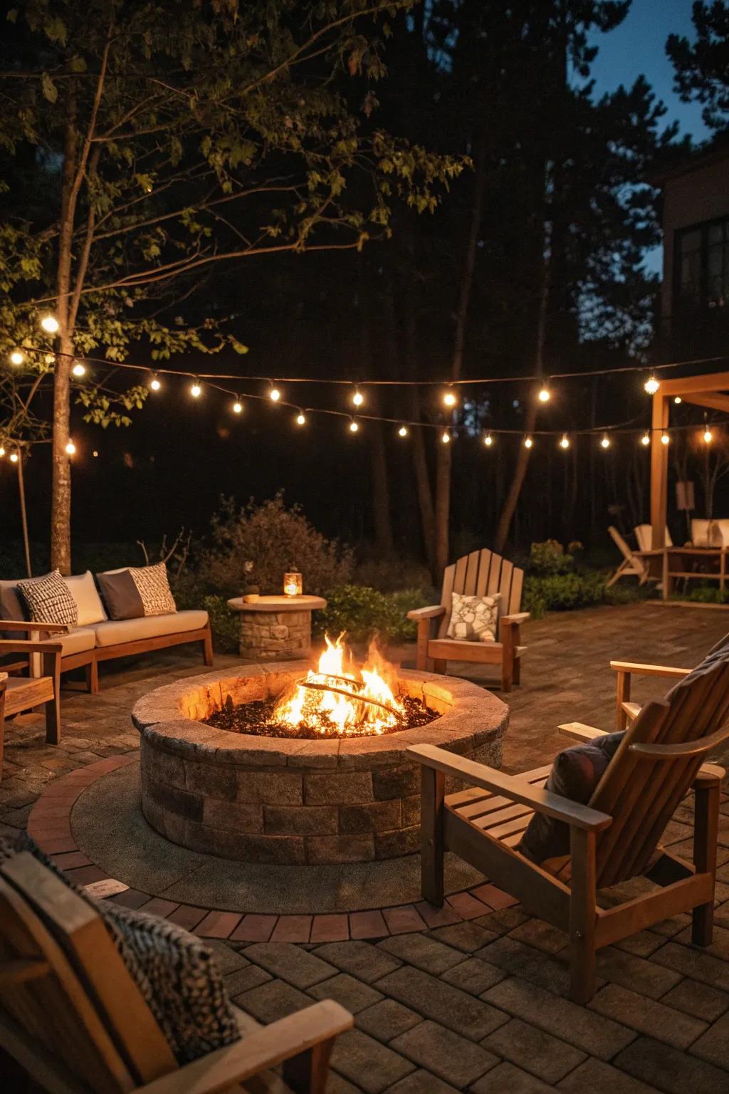 Create a warm gathering spot with a lit outdoor heater.