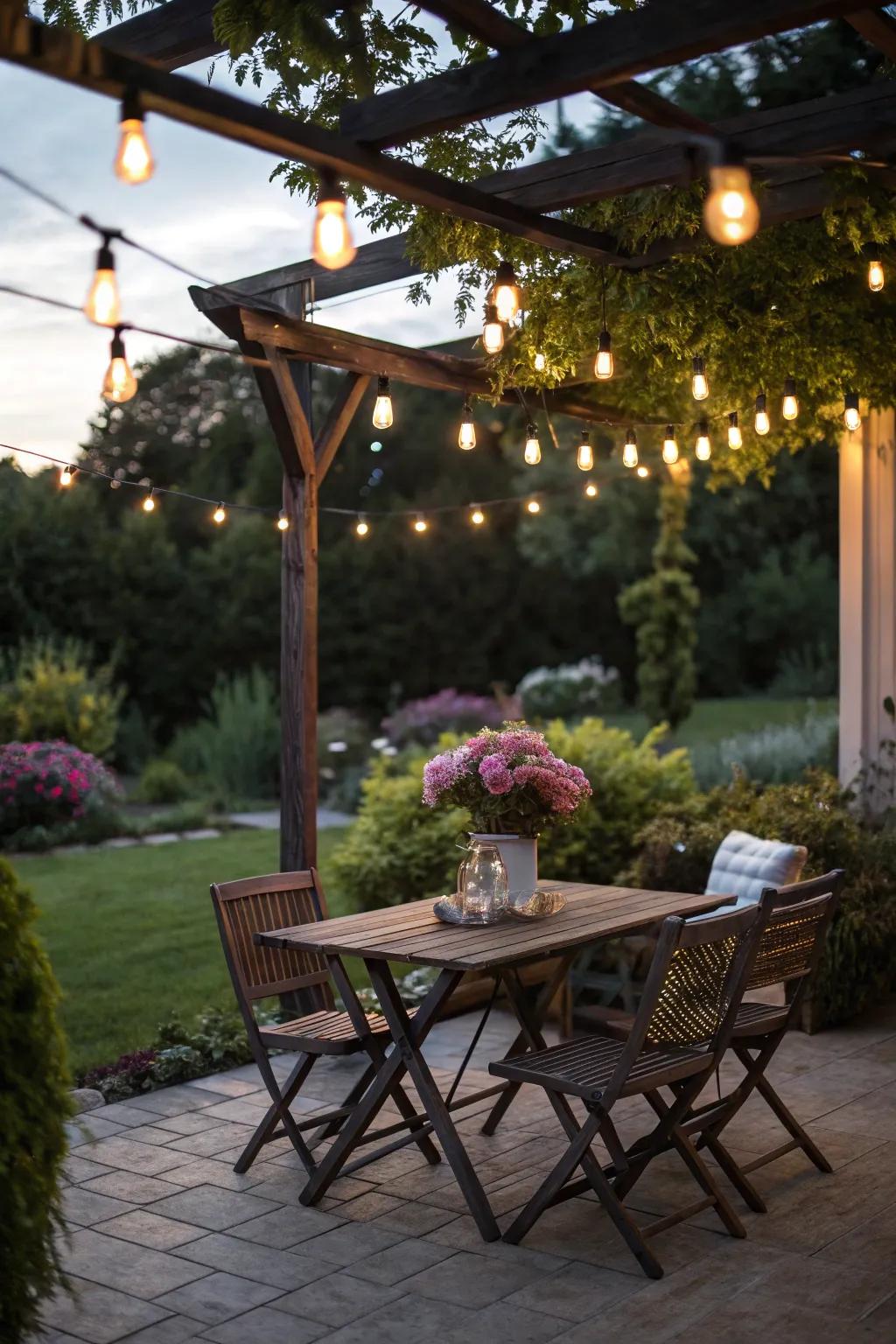 Transform your patio with the soft glow of string lights.