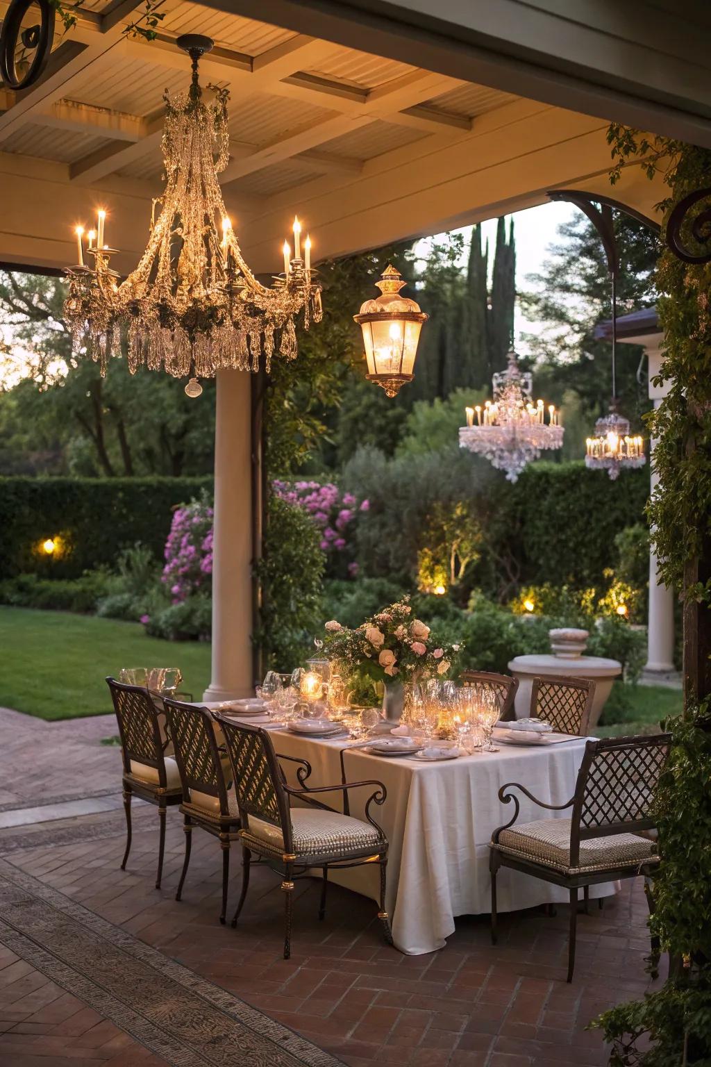 Dine elegantly under an outdoor chandelier.