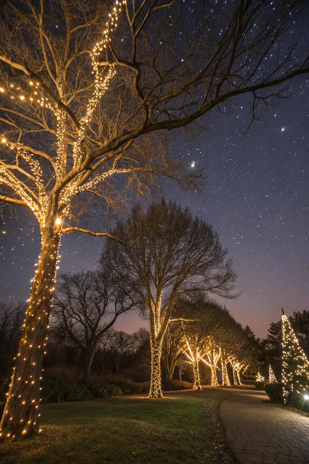Create enchantment with fairy lights in trees.