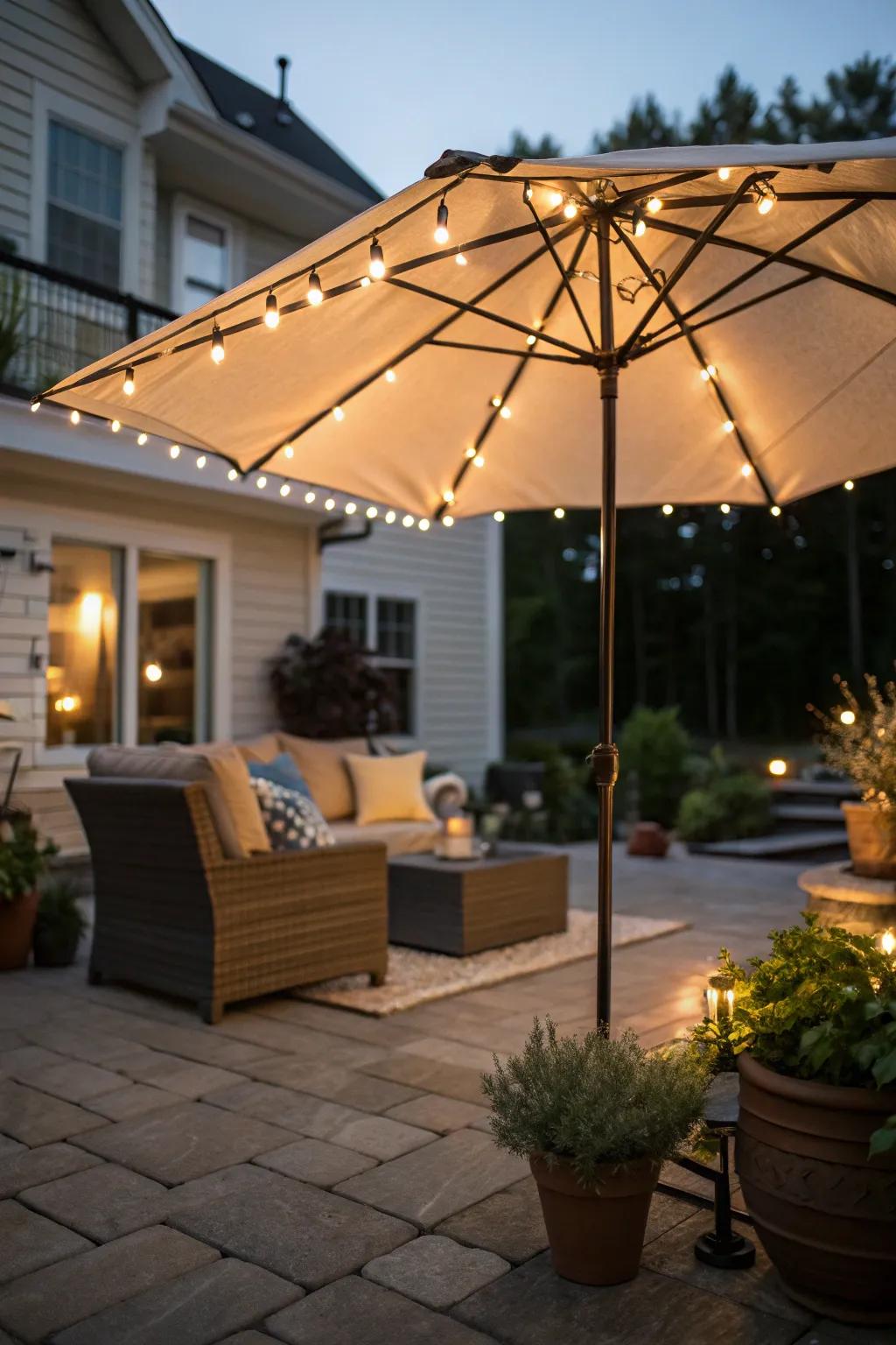 Enjoy all-day use with illuminated patio umbrellas.