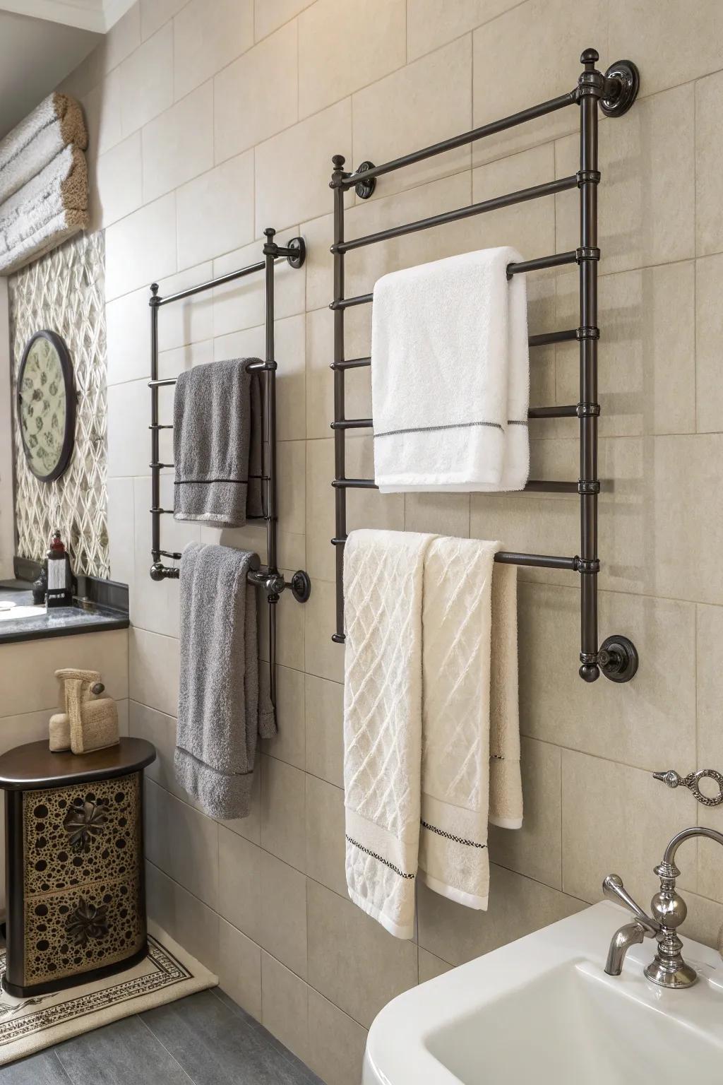 Wall-mounted racks offer both convenience and a streamlined appearance.