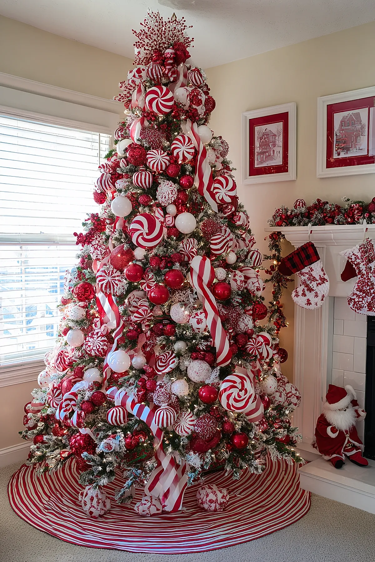 Large Christmas tree decorated in a candy cane christmas tree theme featuring oversized red and white striped ribbons, peppermint swirl ornaments, red and white baubles, and frosted branches set next to a fireplace adorned with red and white stockings and garland.