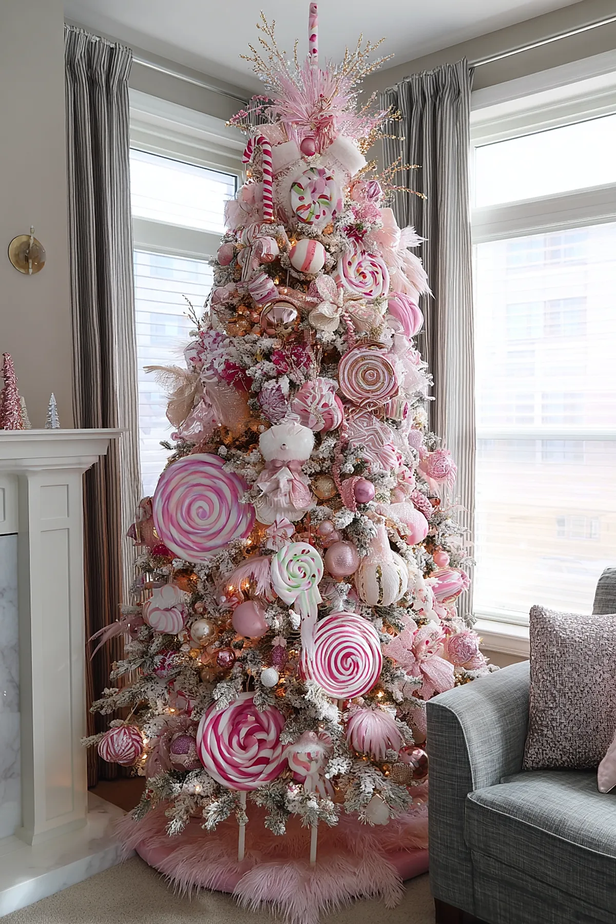 A pink themed candy cane christmas tree decorated with large pink and white swirled lollipop ornaments, plush dolls, pink feathers, glittery accents, and a soft pink faux fur skirt set near large windows with gray curtains.