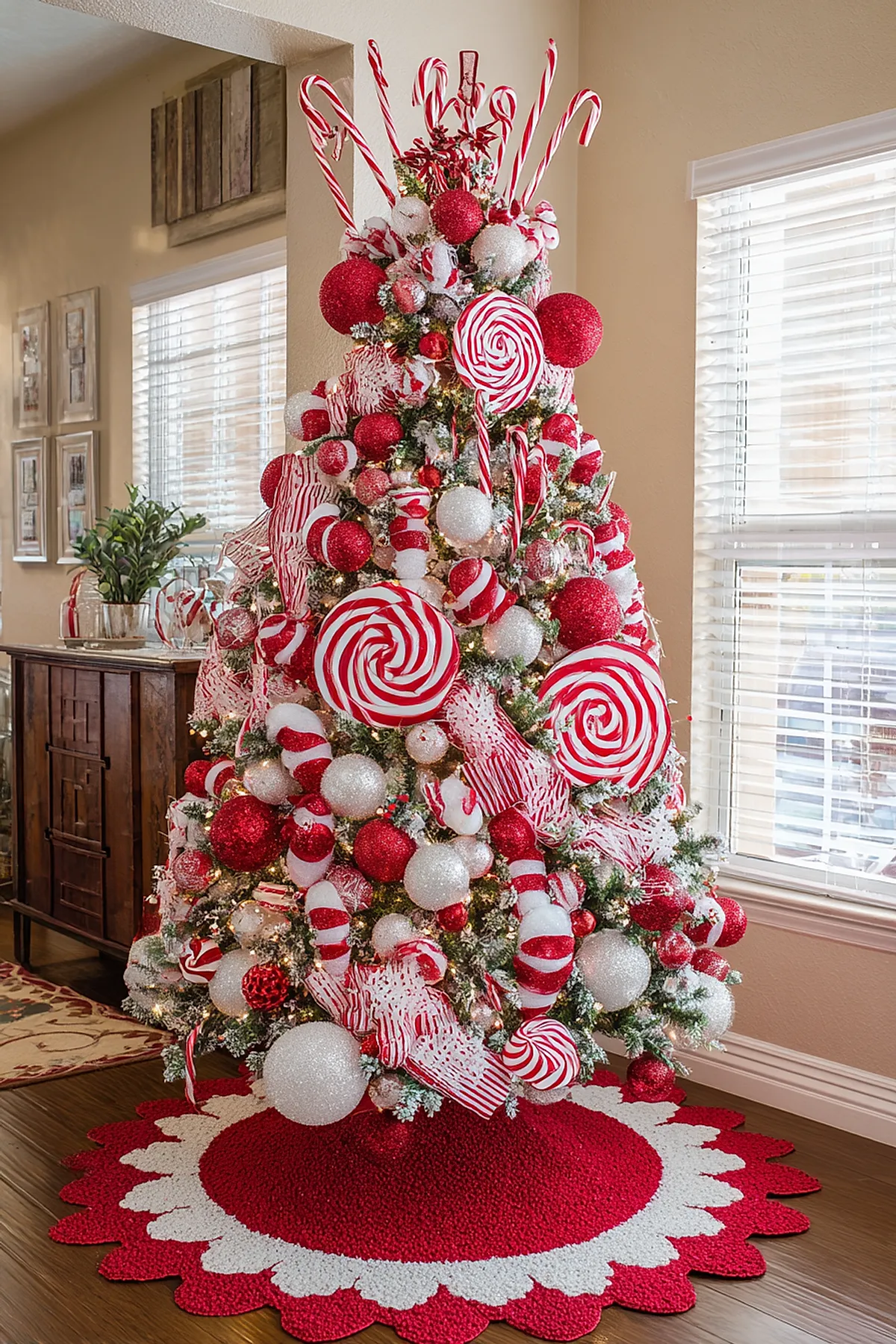 A Christmas tree decorated in a candy cane christmas tree theme with oversized red and white peppermint swirl ornaments, large striped candy canes, glittery red and white baubles, and frosted green branches standing on a red and white scalloped tree skirt in a living room with natural light from nearby windows.
