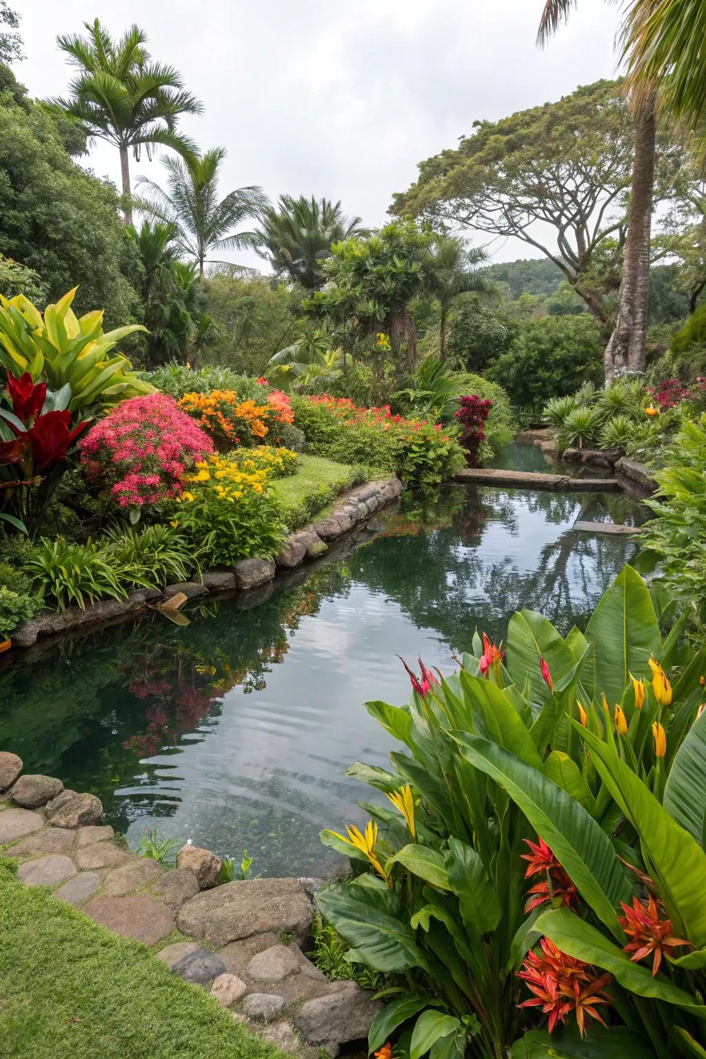 Tropical plants encircling water features produce a vibrant and lush visual.