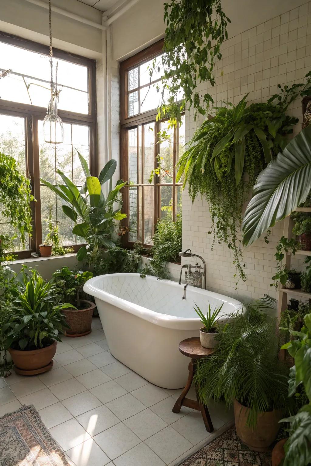 Plants bring a fresh and lively aspect to the bathroom.