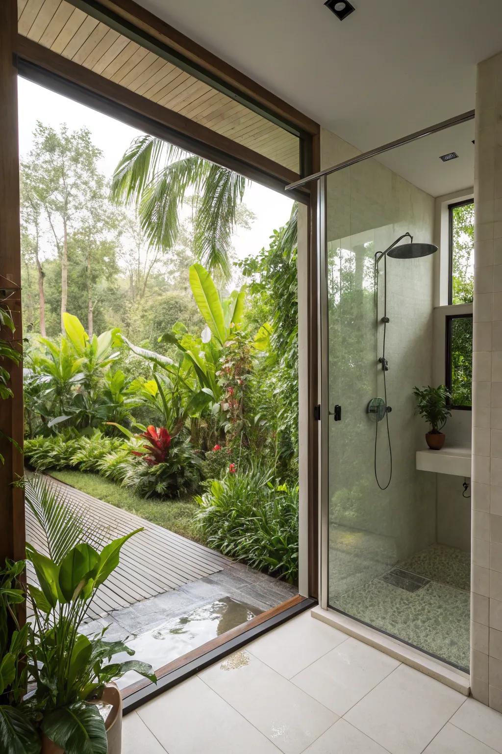 Connecting to the outdoors enhances the bathroom's openness.