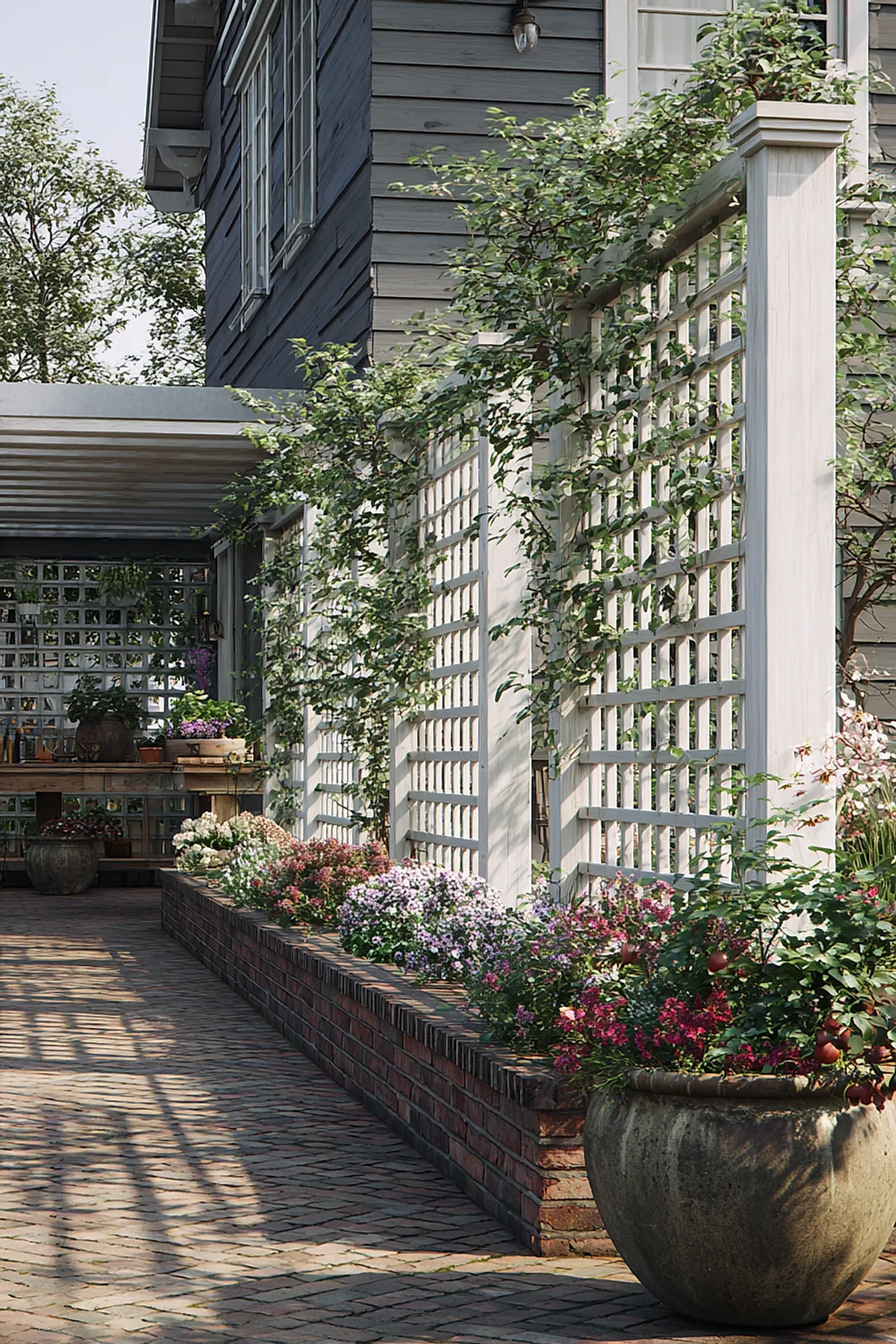White lattice privacy screen with climbing plants in a brick-lined garden area next to a gray house.
