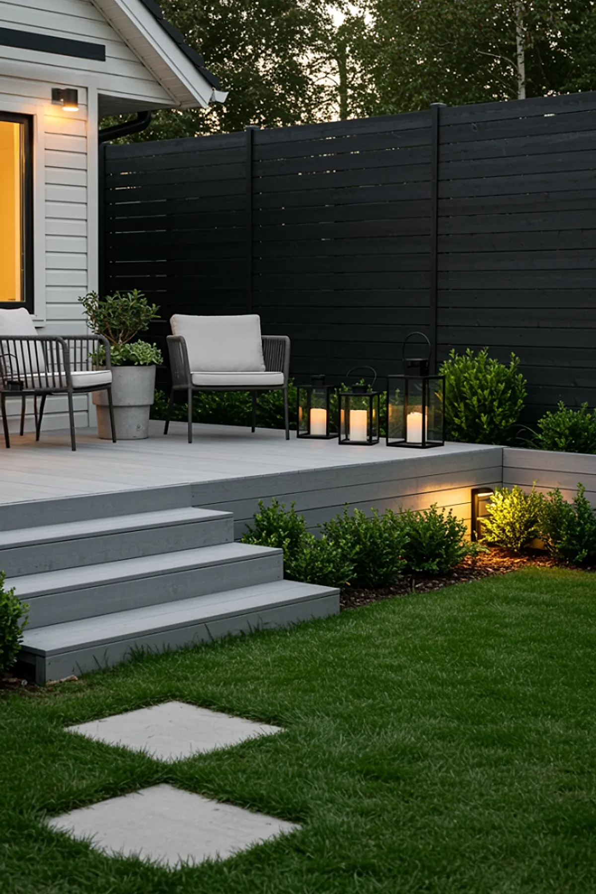 Modern patio with black horizontal wooden slat privacy screen, gray furniture, and soft lighting along the ground.