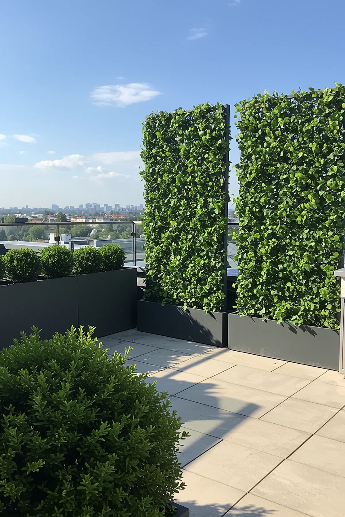 Rooftop terrace with artificial hedge panels and boxwood shrubs in black planters.