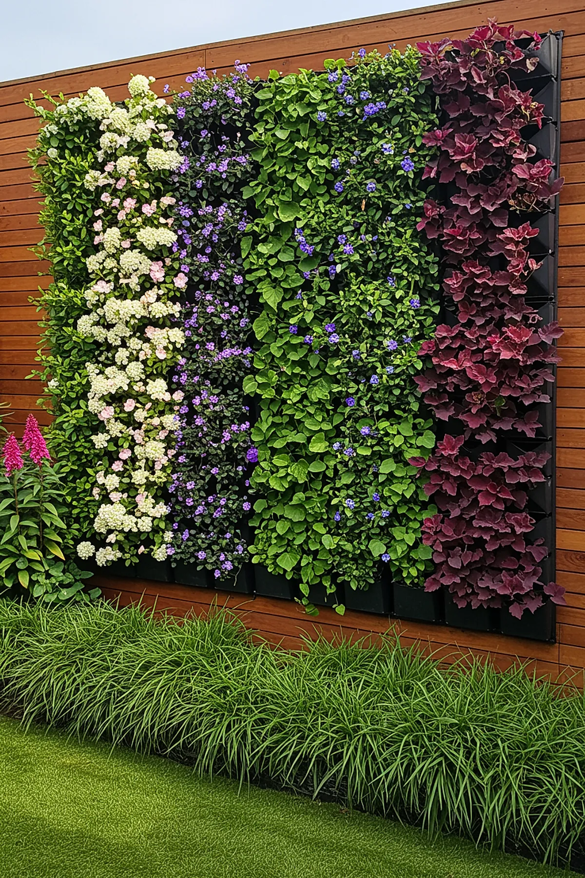 Vertical garden privacy screen with colorful flowering plants on a wooden wall.
