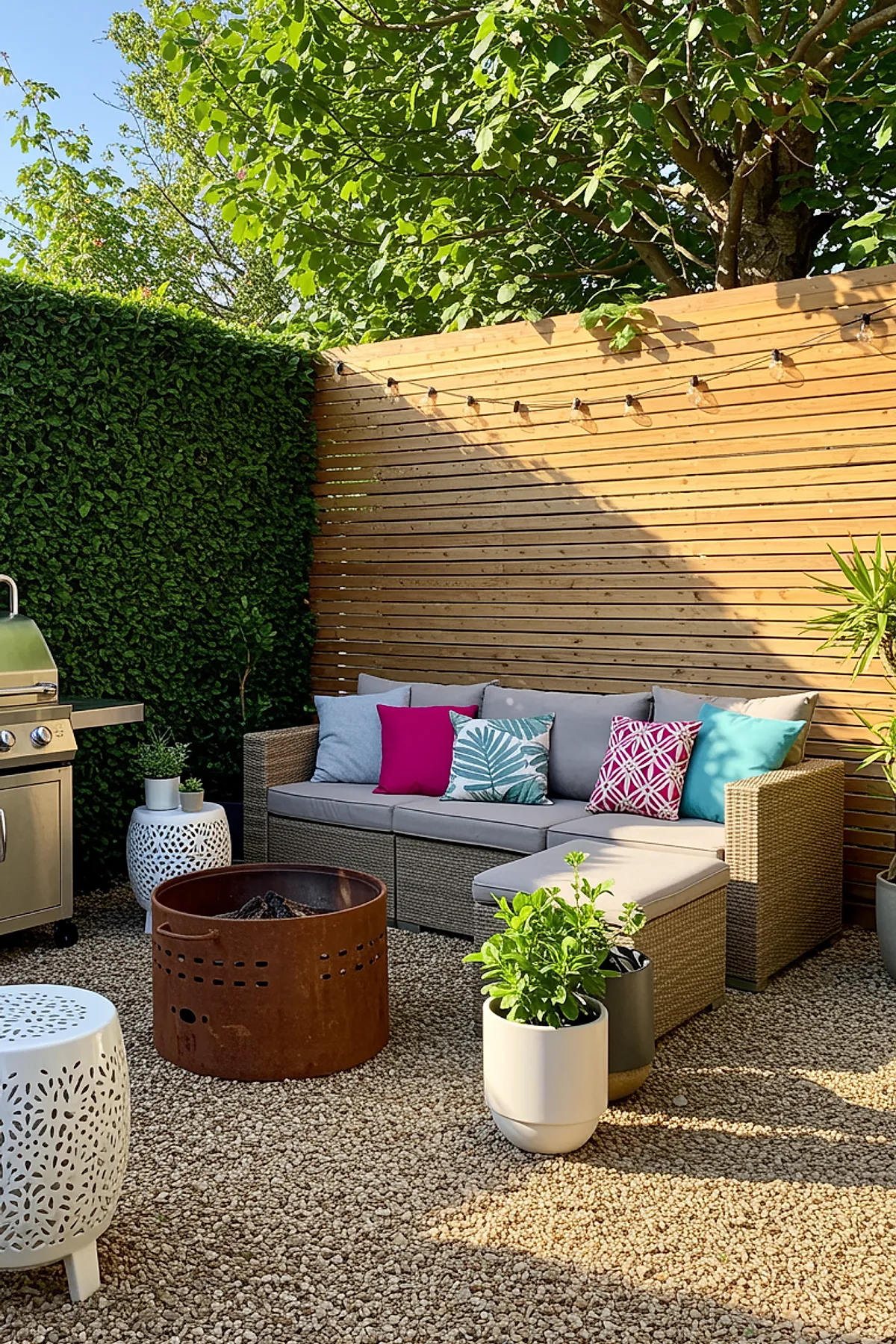 Outdoor patio with horizontal wood slat privacy screen, green hedge, wicker sofa, and colorful cushions.