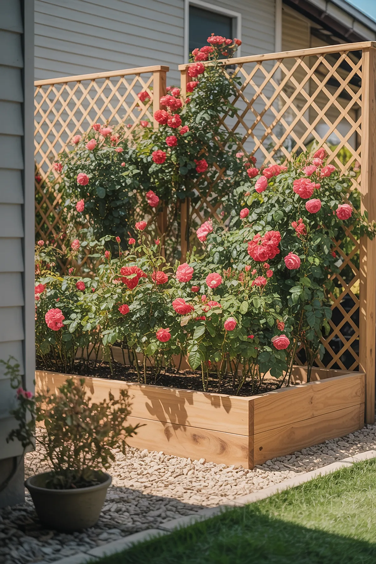 Wooden lattice privacy screen with climbing pink roses in a raised garden bed next to a house.