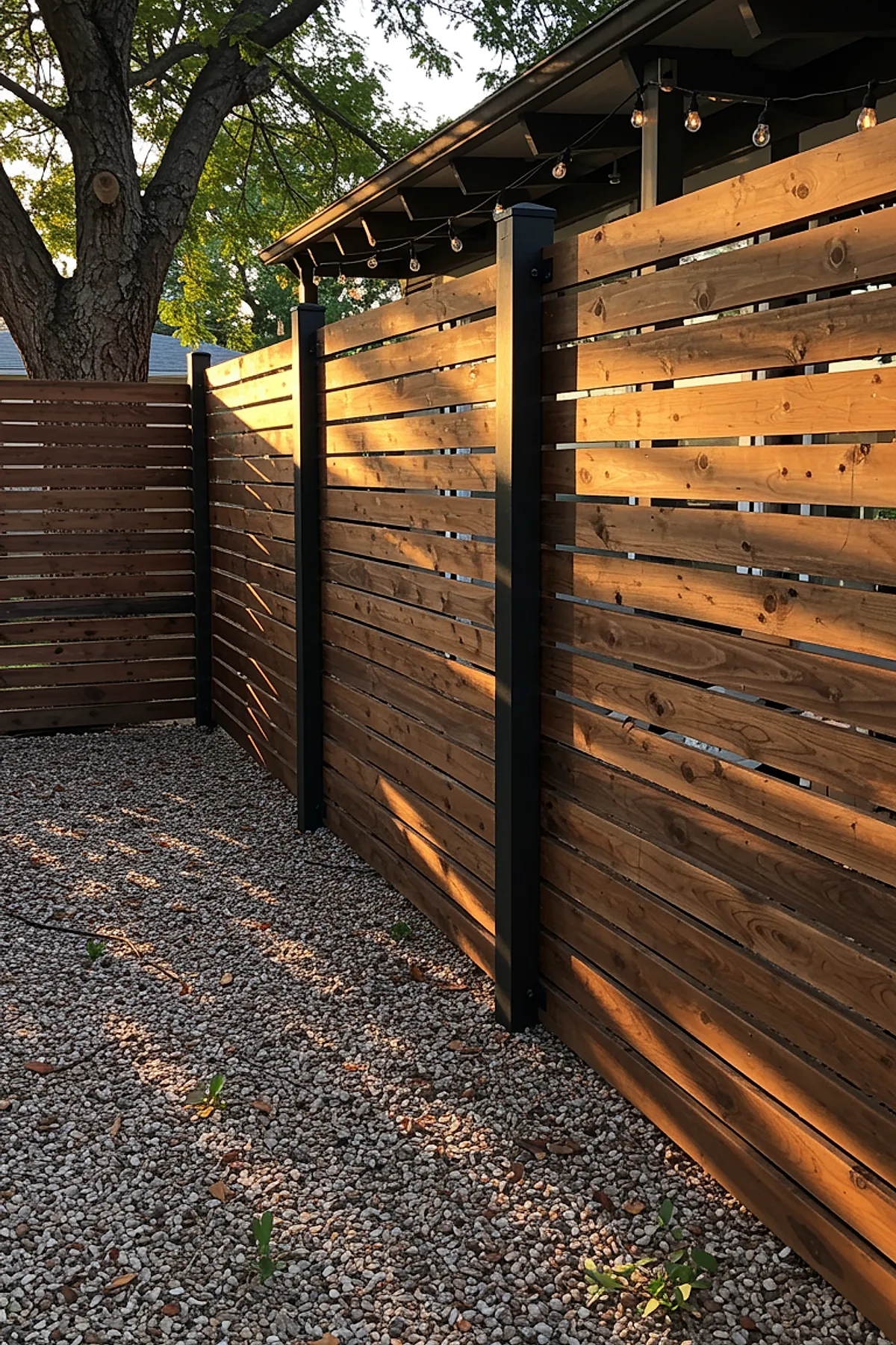 Horizontal wood slat fence with black metal posts and string lights.