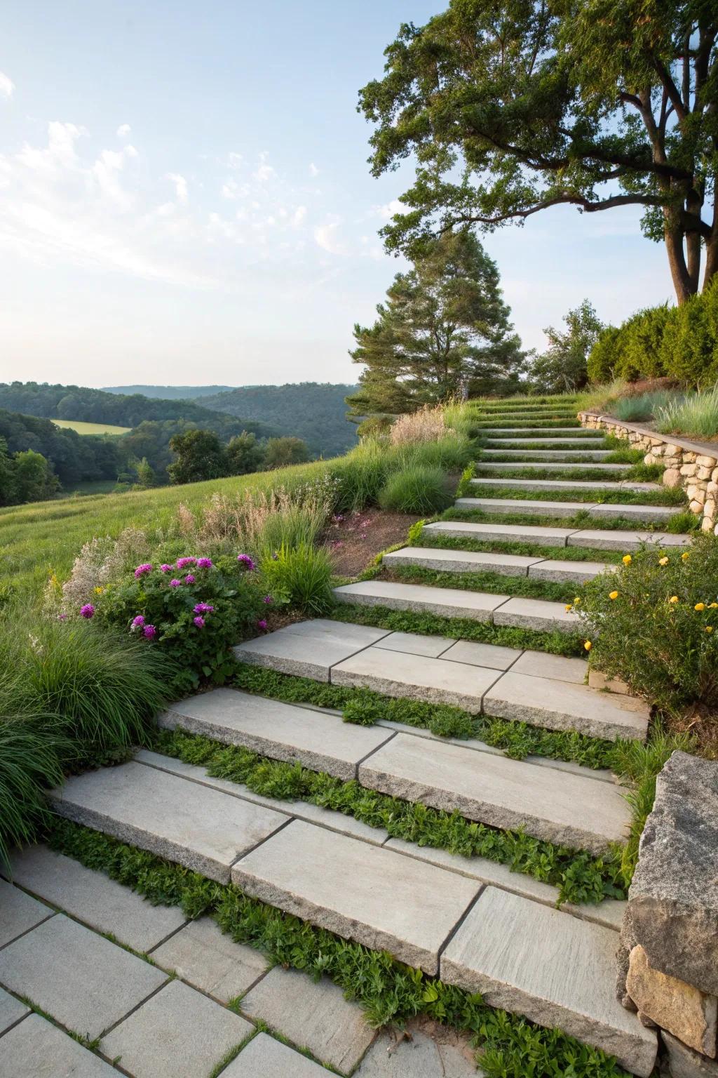 A seamless mix of stone steps and greenery for a naturally inspired atmosphere.