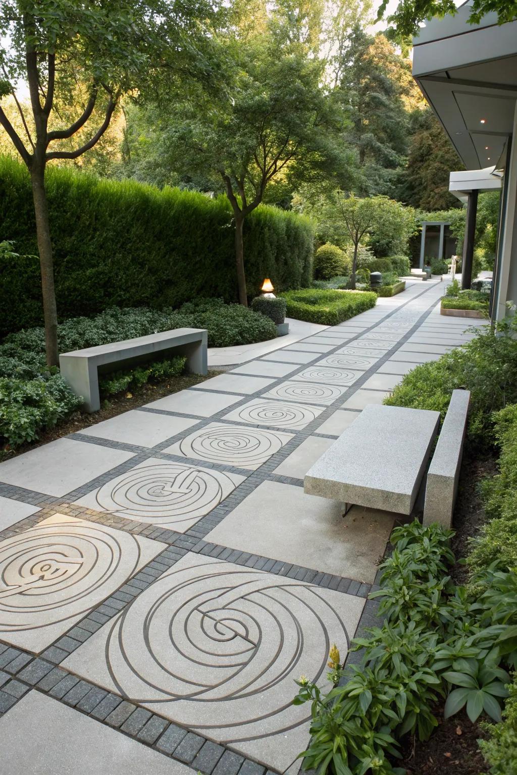 Detailed saw-cut designs in stone for an artistic walkway.