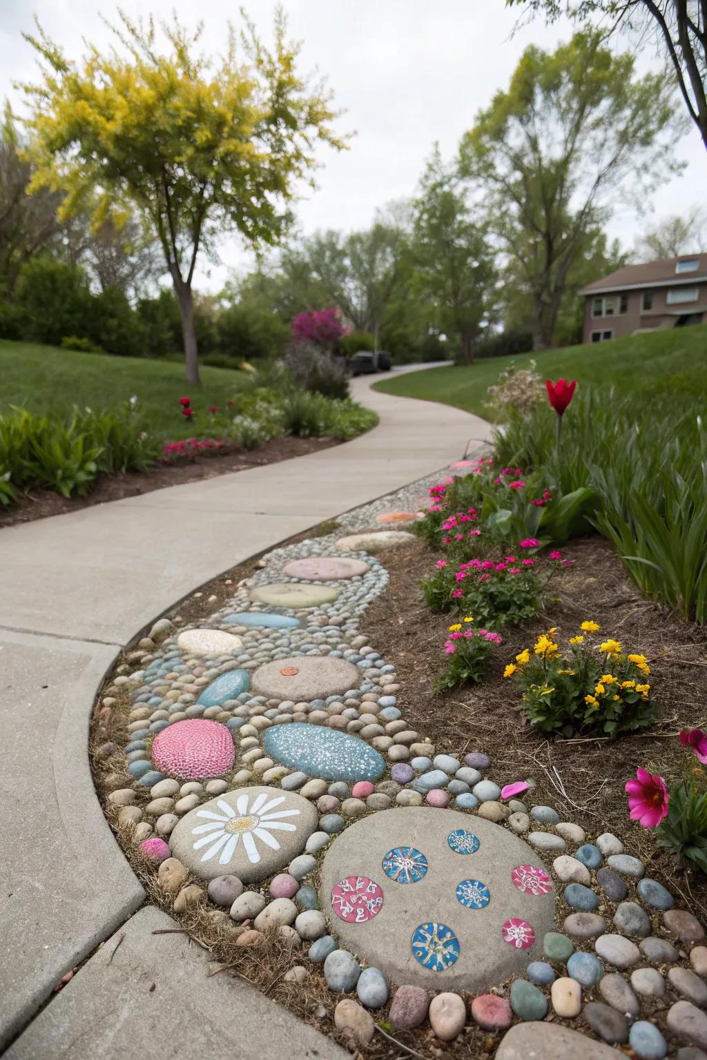 Playful pebble-covered stone walkway for a fun garden charm.