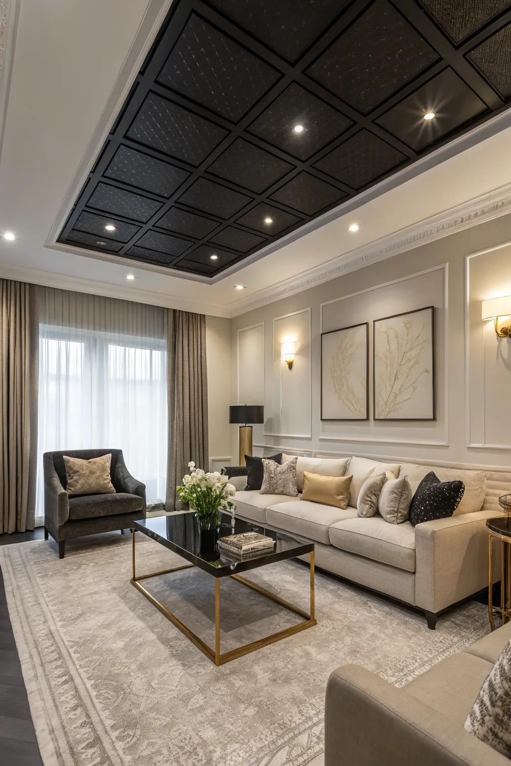 An elegant living room featuring a black ceiling that exudes sophistication.